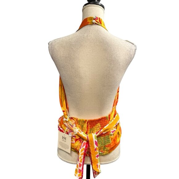 Haute Hippie Halter Top M Tropical Floral High Neck Smocked Vacation Resort - Picture 3 of 10